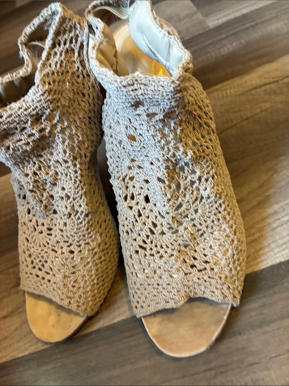 Vince Camuto Beige Crochet Peep-Toe Heels - Picture 8 of 16